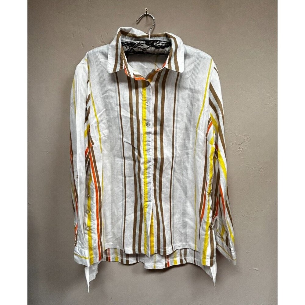 Insight Womens Button Down Long Sleeve Linen Shirt Size Large Stripe Multicolor